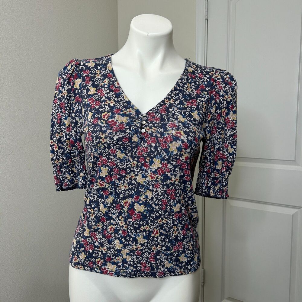 Lucky Brand Blouse Womens Small Navy Red Ditsy Floral Smocked Puff Cottagecore
